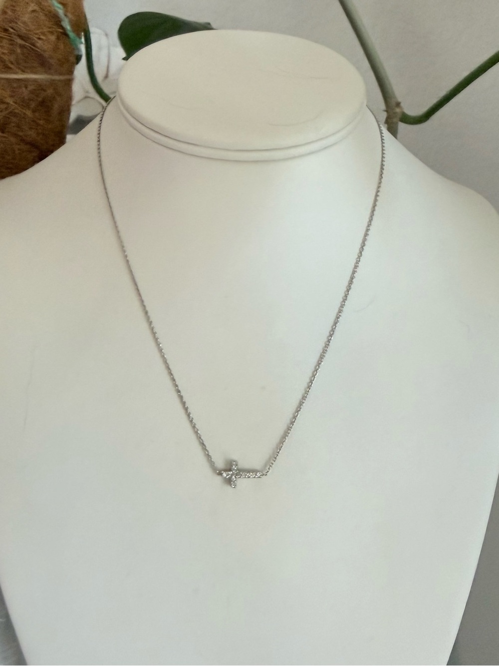 Delicate Silver Cross Bar Necklace with White Crystal Accent